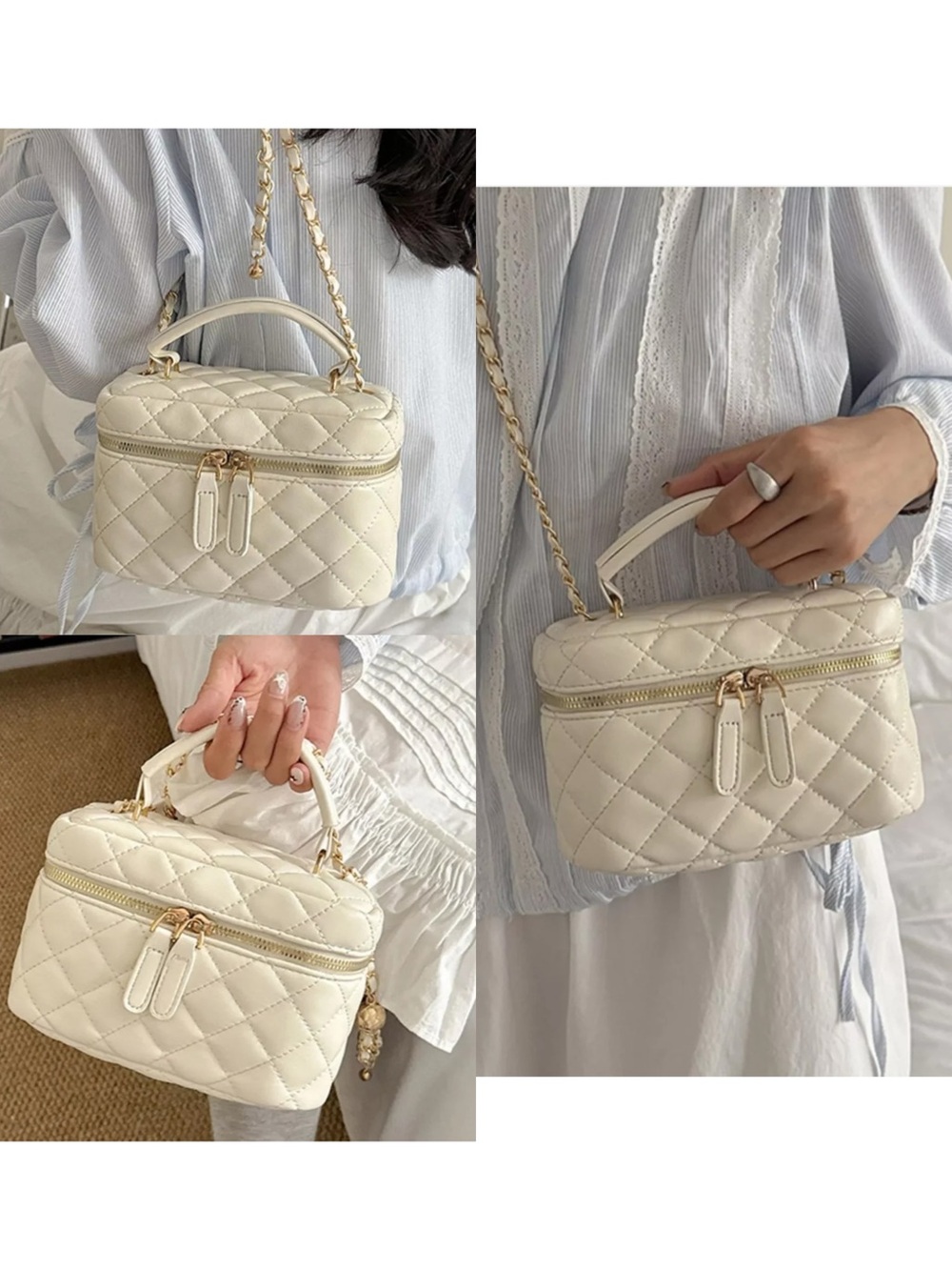 SHEIN Quilted Cream Top-Handle Crossbody Bag with Gold Chain